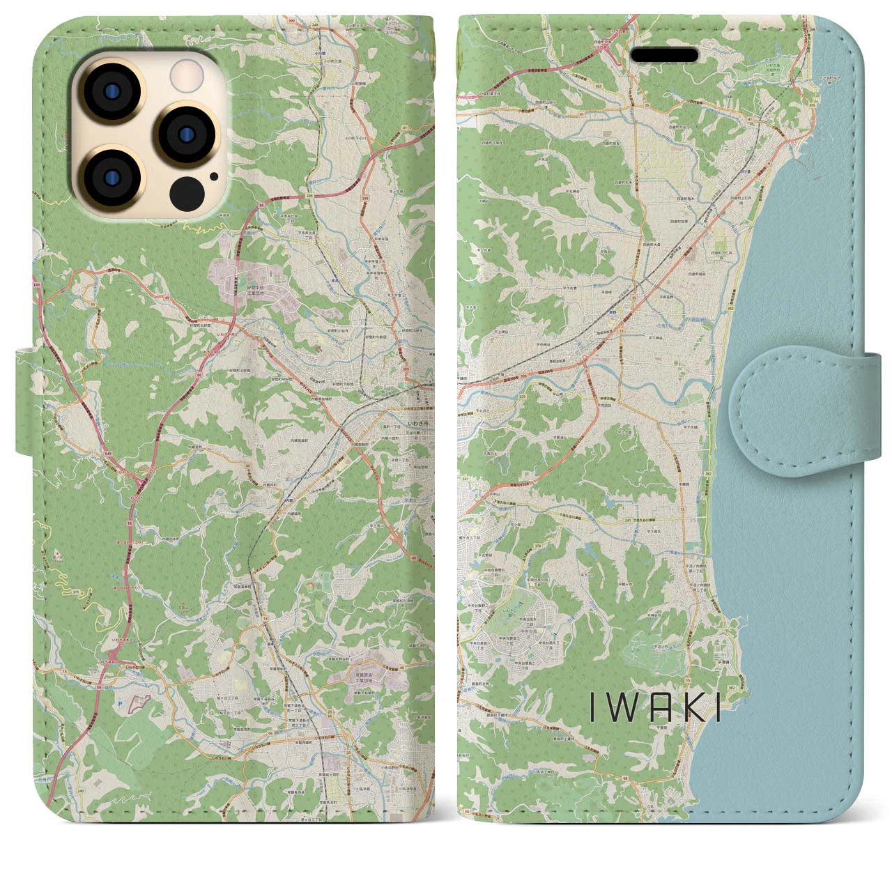 【いわき（福島県）】地図柄iPhoneケース（手帳タイプ）ナチュラル・iPhone 12 Pro Max 用