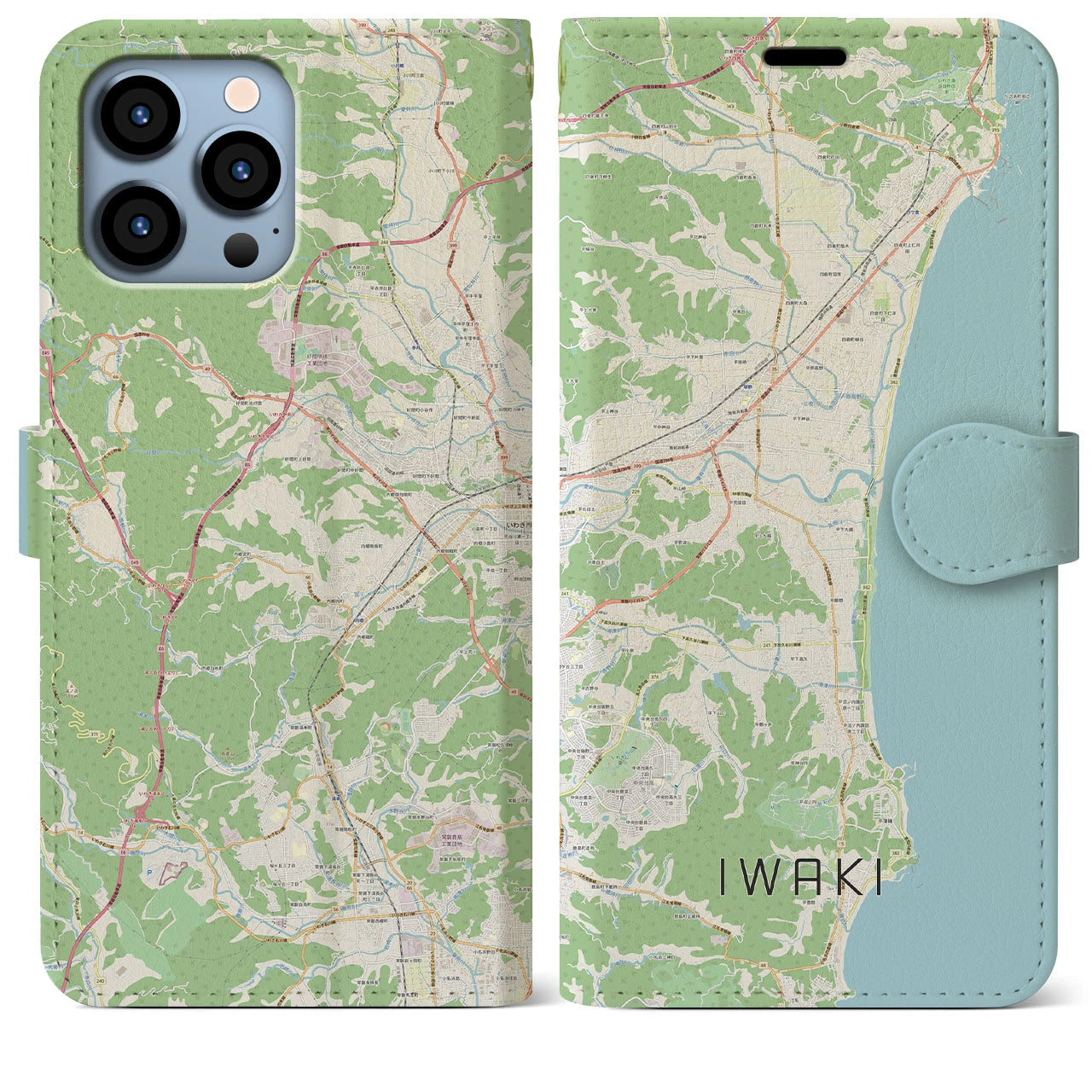 【いわき（福島県）】地図柄iPhoneケース（手帳タイプ）ナチュラル・iPhone 13 Pro Max 用