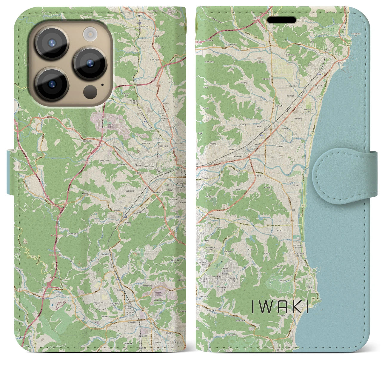 【いわき（福島県）】地図柄iPhoneケース（手帳タイプ）ナチュラル・iPhone 14 Pro Max 用