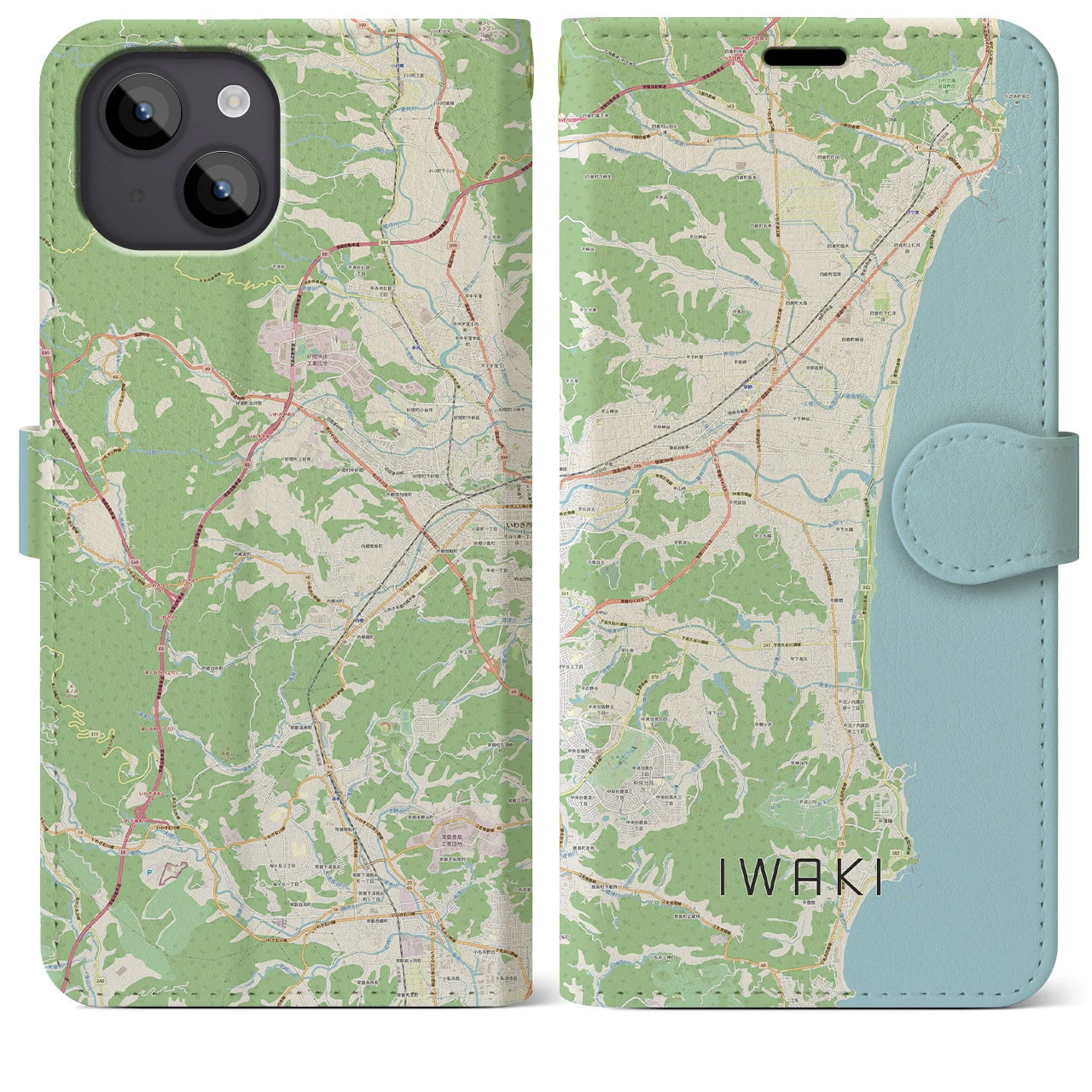 【いわき（福島県）】地図柄iPhoneケース（手帳タイプ）ナチュラル・iPhone 14 Plus 用