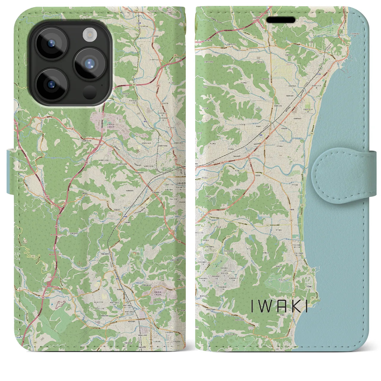 【いわき（福島県）】地図柄iPhoneケース（手帳タイプ）ナチュラル・iPhone 15 Pro Max 用