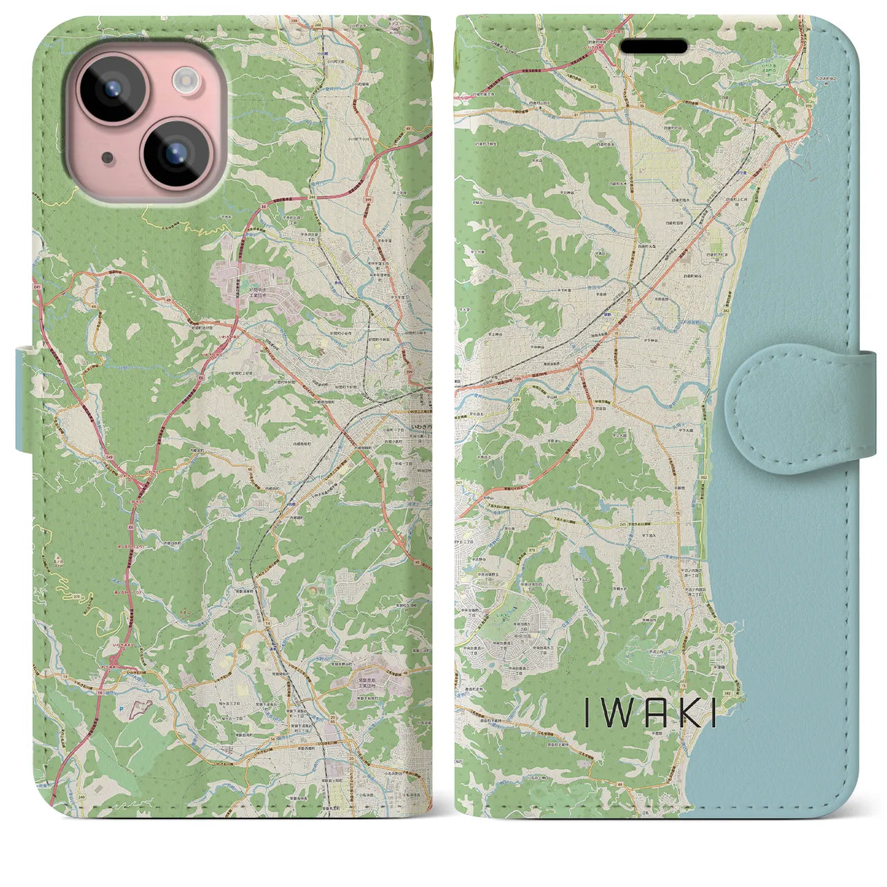 【いわき（福島県）】地図柄iPhoneケース（手帳タイプ）ナチュラル・iPhone 15 Plus 用