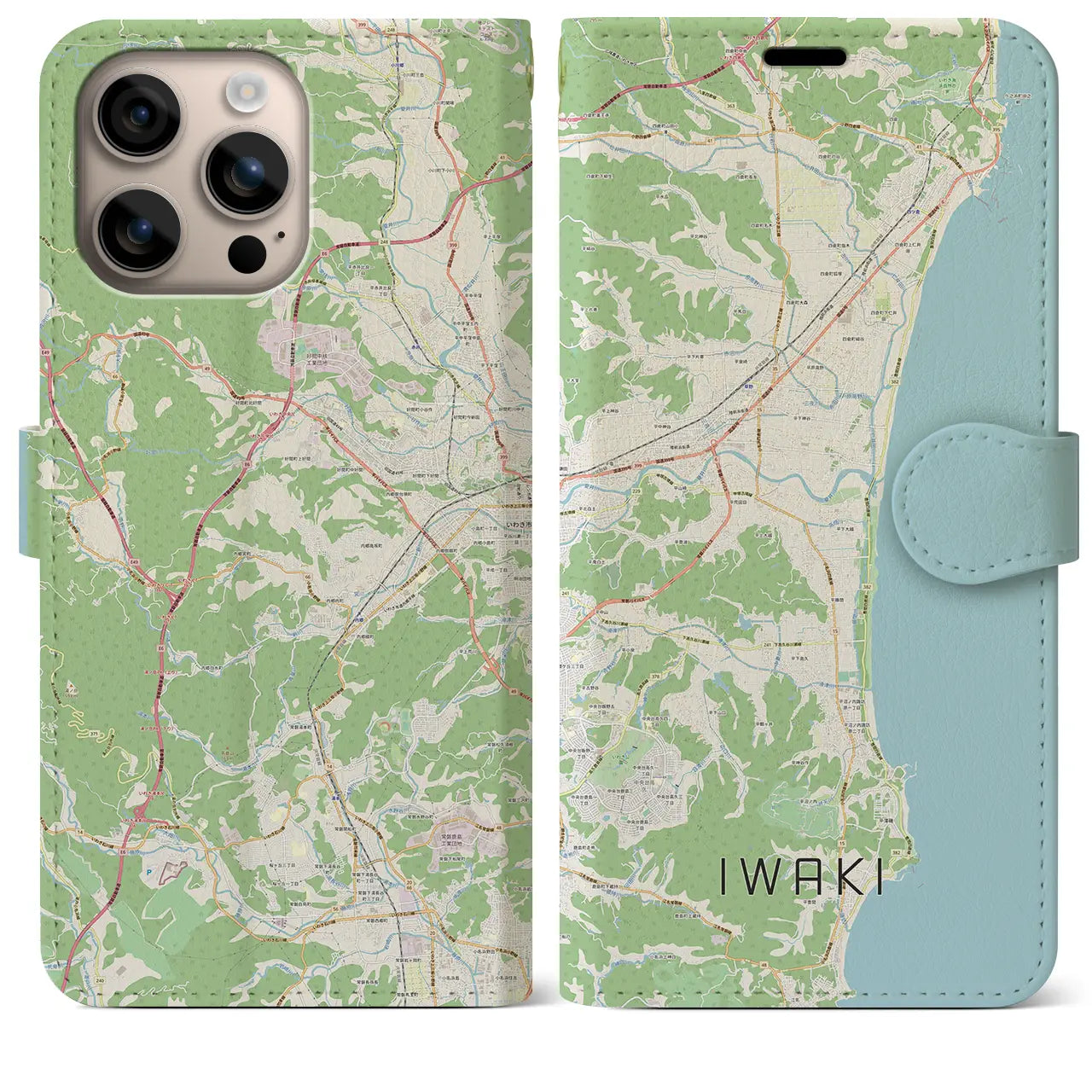 【いわき（福島県）】地図柄iPhoneケース（手帳タイプ）ナチュラル・iPhone 16 Plus 用