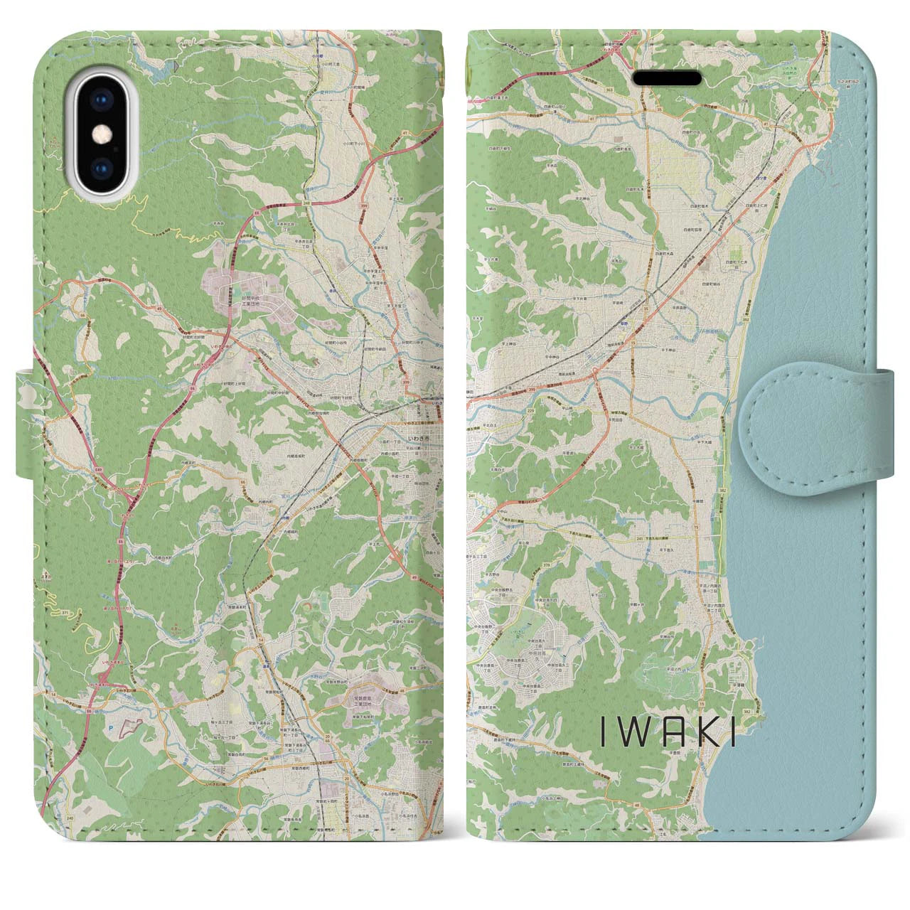 【いわき（福島県）】地図柄iPhoneケース（手帳タイプ）ナチュラル・iPhone XS Max 用