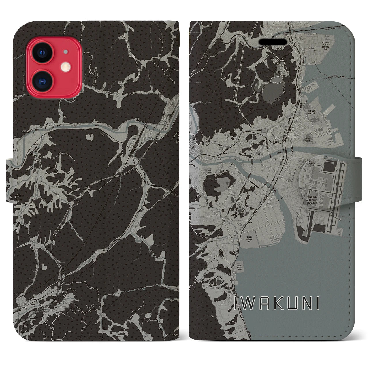【岩国】地図柄iPhoneケース（手帳両面タイプ・モノトーン）iPhone 11 用
