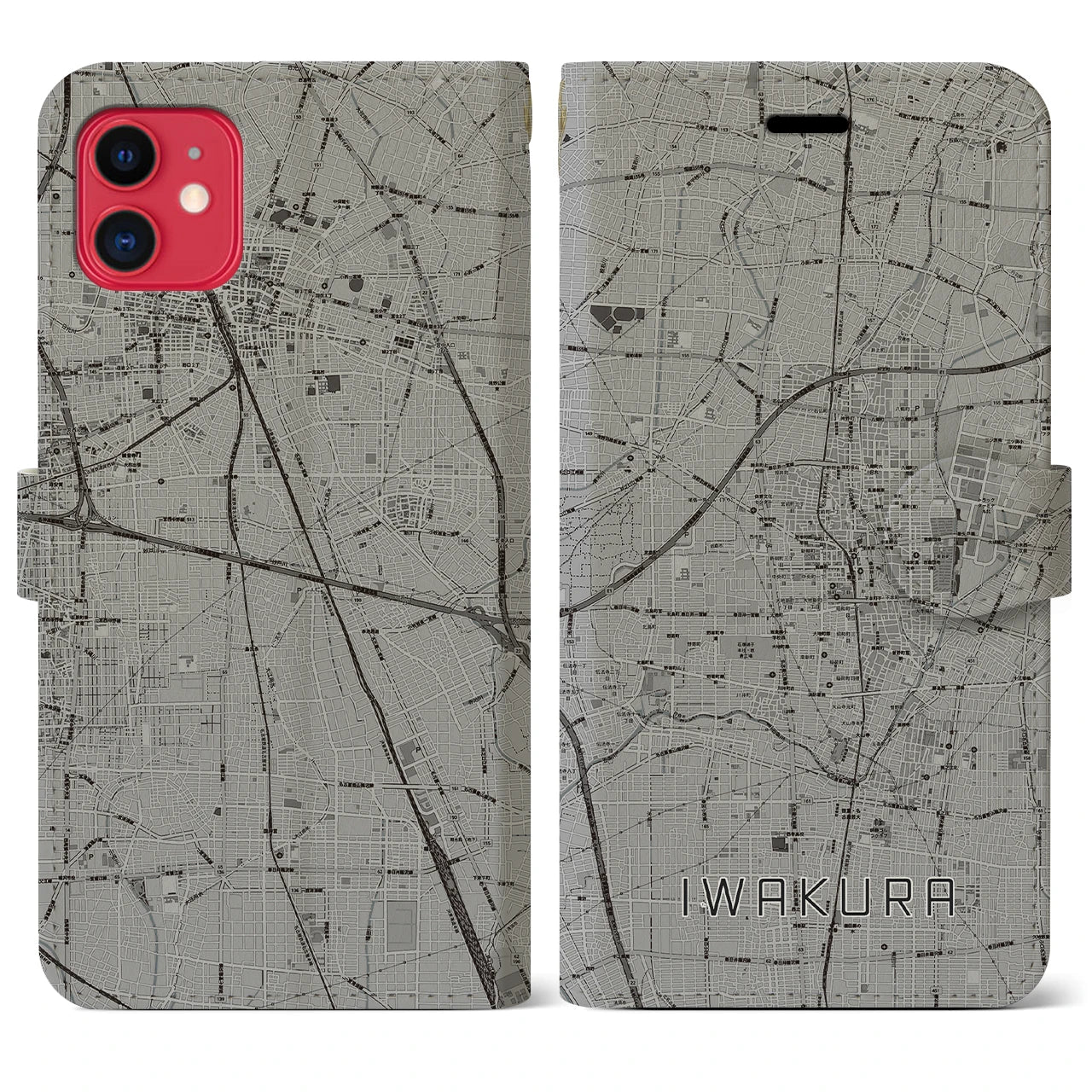 【岩倉】地図柄iPhoneケース（手帳両面タイプ・モノトーン）iPhone 11 用