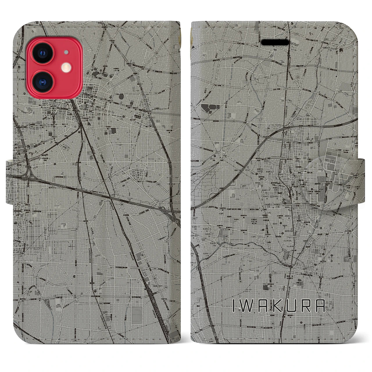 【岩倉（愛知県）】地図柄iPhoneケース（手帳タイプ）モノトーン・iPhone 11 用