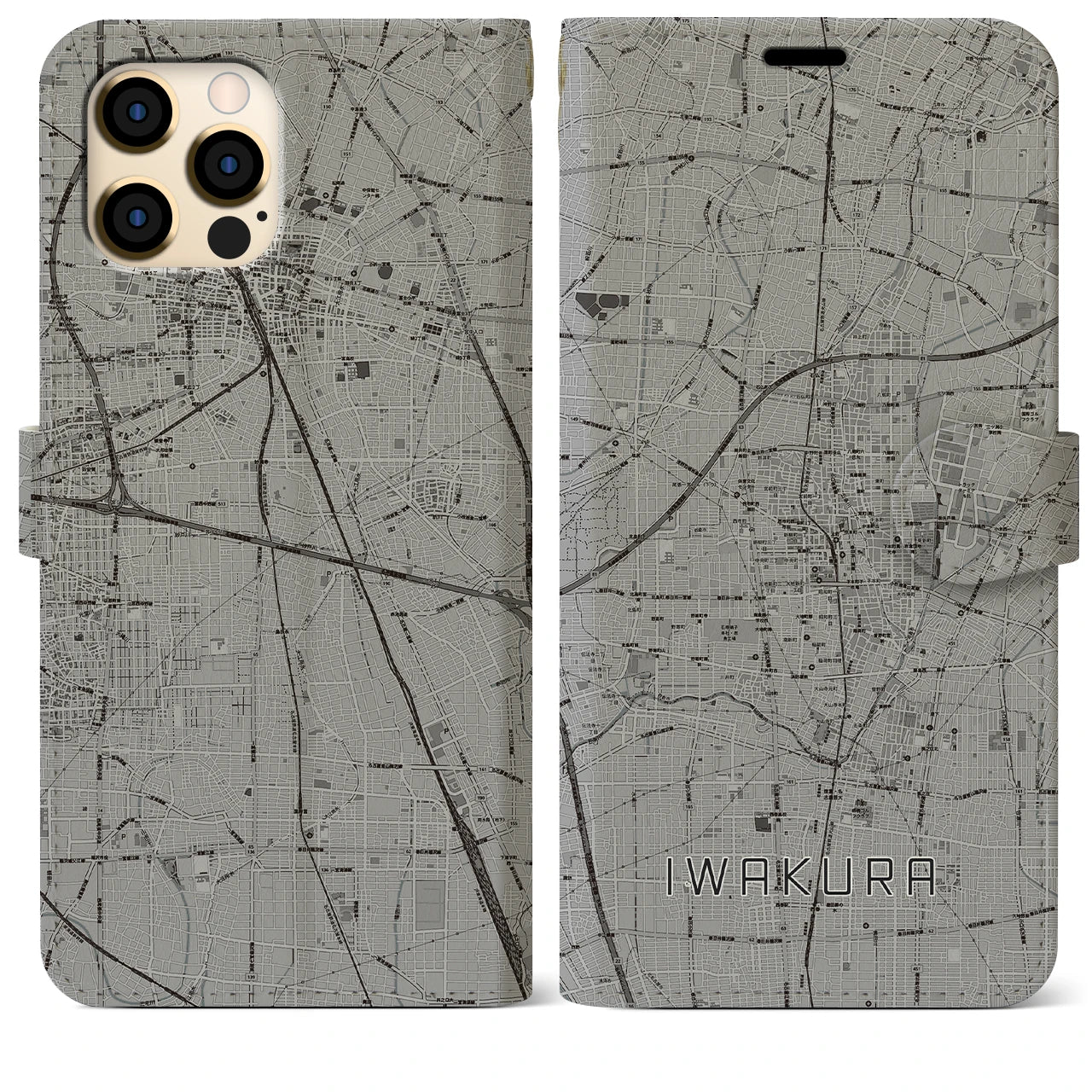 【岩倉】地図柄iPhoneケース（手帳両面タイプ・モノトーン）iPhone 12 Pro Max 用