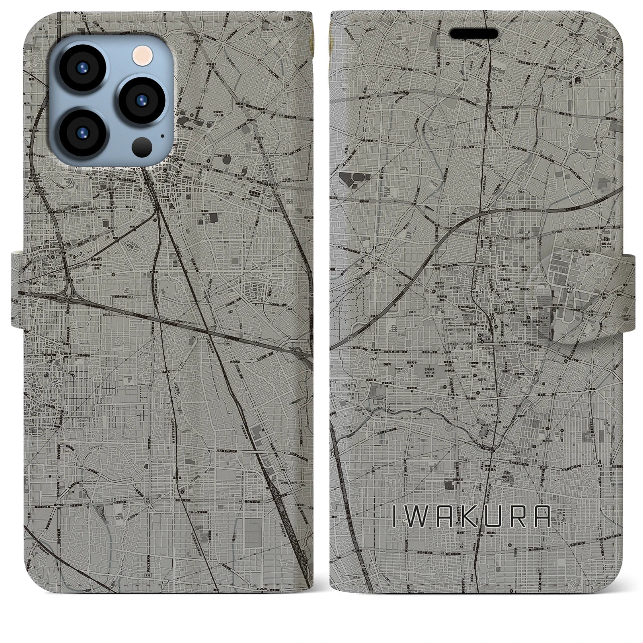 【岩倉】地図柄iPhoneケース（手帳両面タイプ・モノトーン）iPhone 13 Pro Max 用