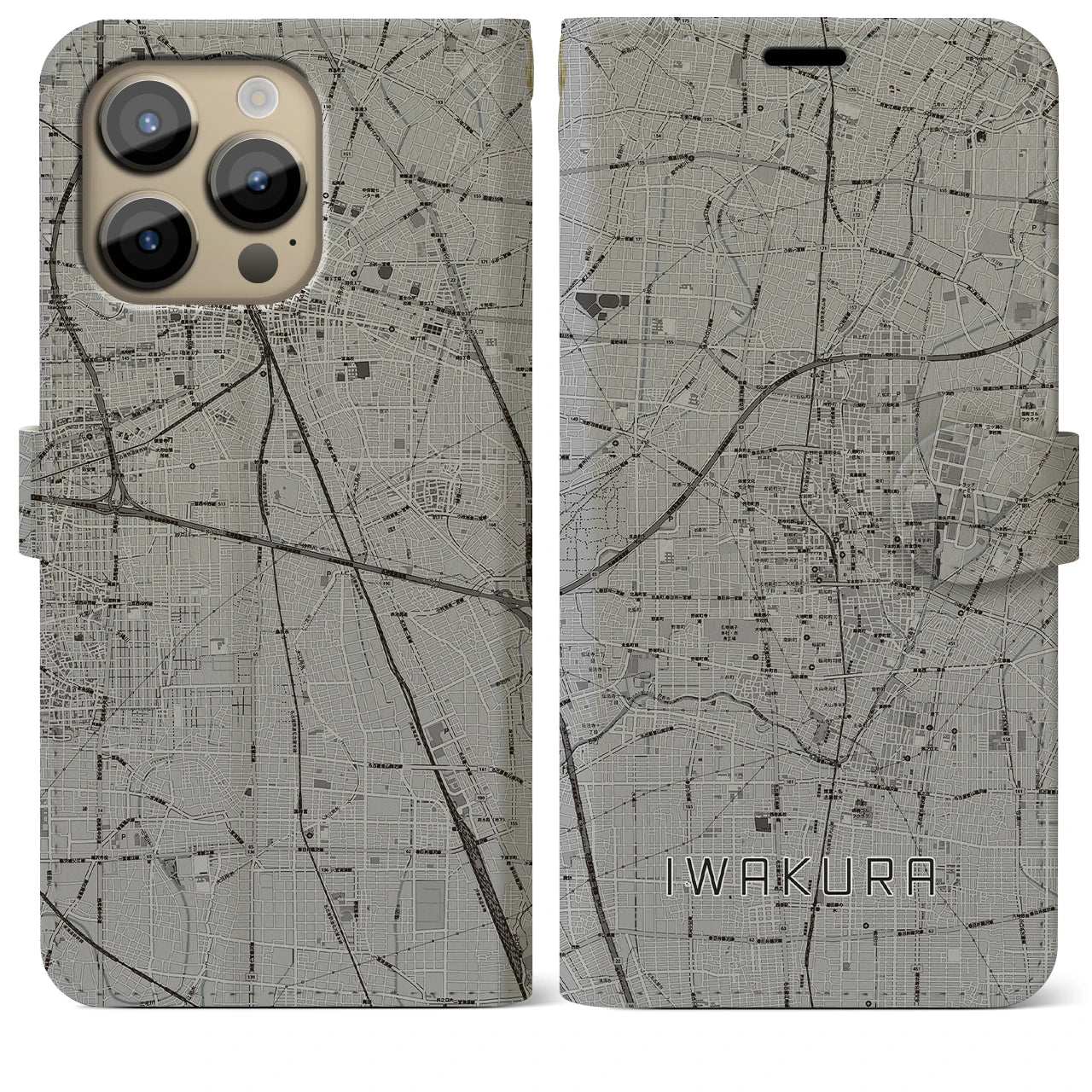 【岩倉】地図柄iPhoneケース（手帳両面タイプ・モノトーン）iPhone 14 Pro Max 用