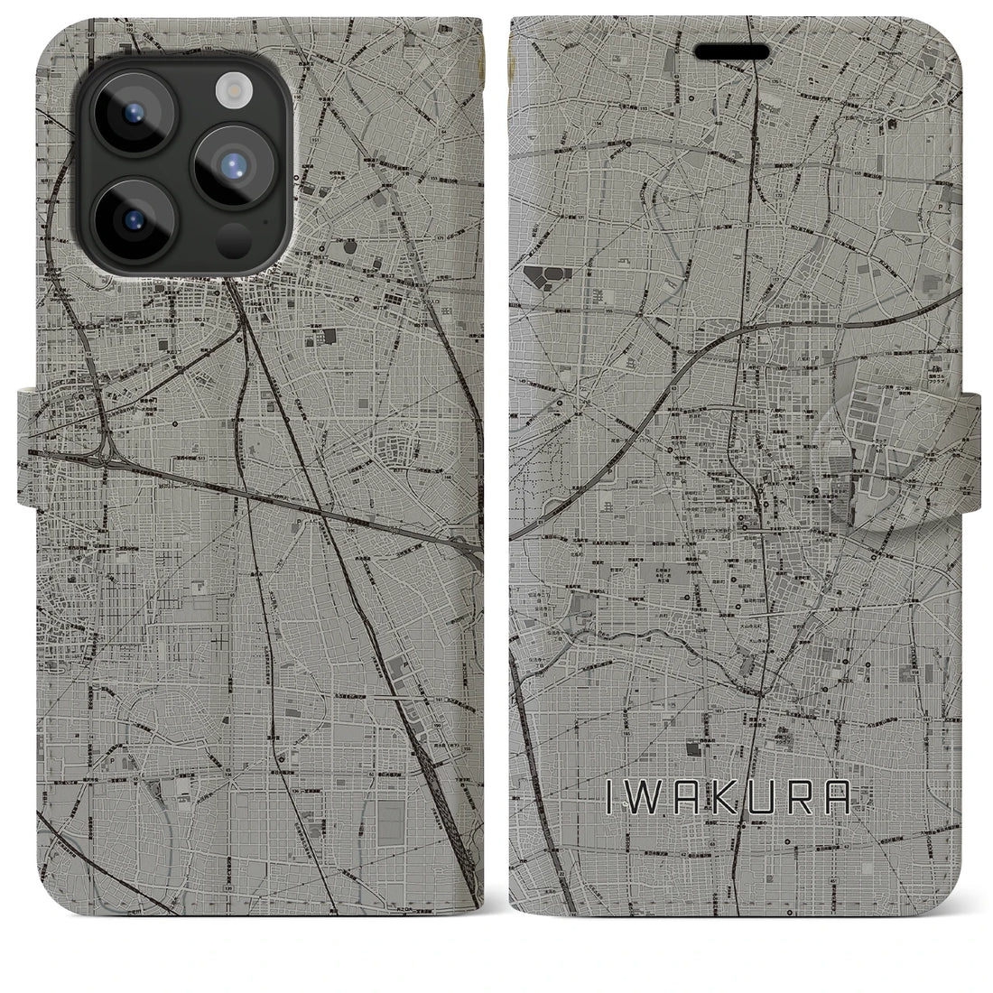【岩倉】地図柄iPhoneケース（手帳両面タイプ・モノトーン）iPhone 15 Pro Max 用