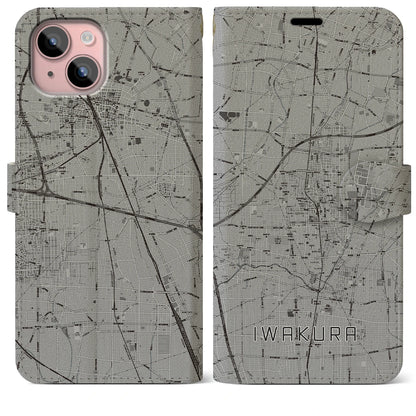【岩倉（愛知県）】地図柄iPhoneケース（手帳タイプ）モノトーン・iPhone 15 Plus 用
