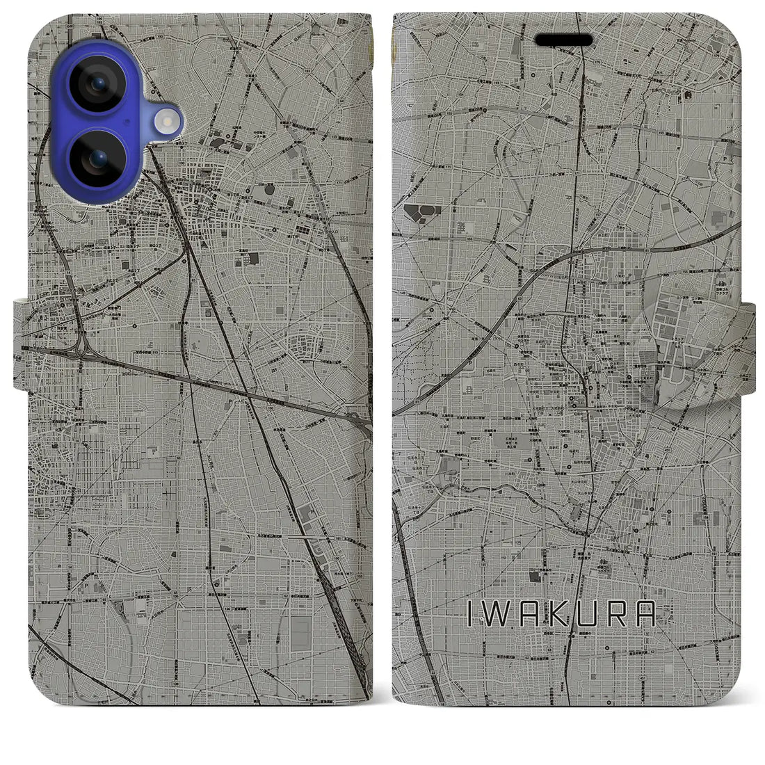 【岩倉(愛知県)】地図柄iPhoneケース(手帳タイプ)モノトーン・iPhone 16 Pro Max 用