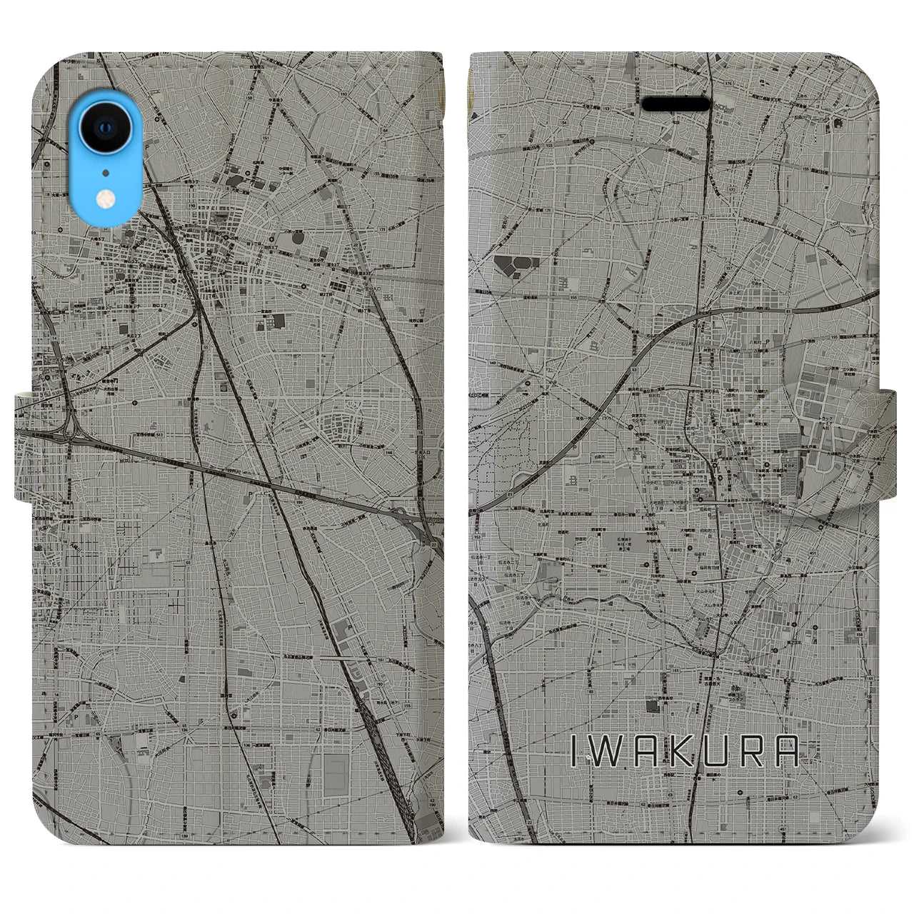 【岩倉】地図柄iPhoneケース（手帳両面タイプ・モノトーン）iPhone XR 用