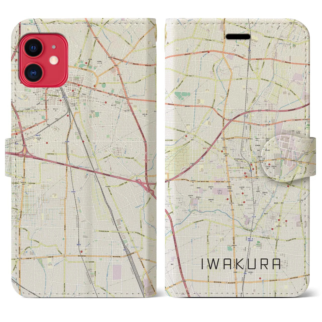 【岩倉（愛知県）】地図柄iPhoneケース（手帳タイプ）ナチュラル・iPhone 11 用