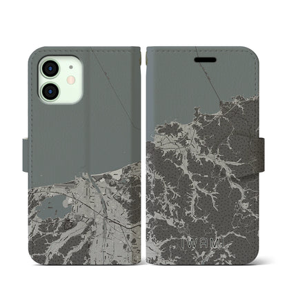 【岩美（鳥取県）】地図柄iPhoneケース（手帳タイプ）モノトーン・iPhone 12 mini 用