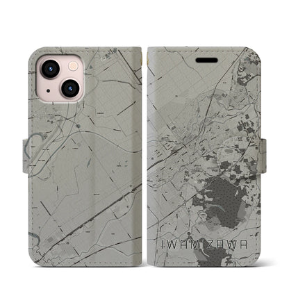 【岩見沢（北海道）】地図柄iPhoneケース（手帳タイプ）モノトーン・iPhone 13 mini 用