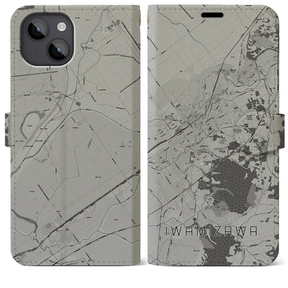 【岩見沢（北海道）】地図柄iPhoneケース（手帳タイプ）モノトーン・iPhone 14 Plus 用