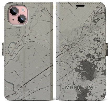 【岩見沢（北海道）】地図柄iPhoneケース（手帳タイプ）モノトーン・iPhone 15 Plus 用