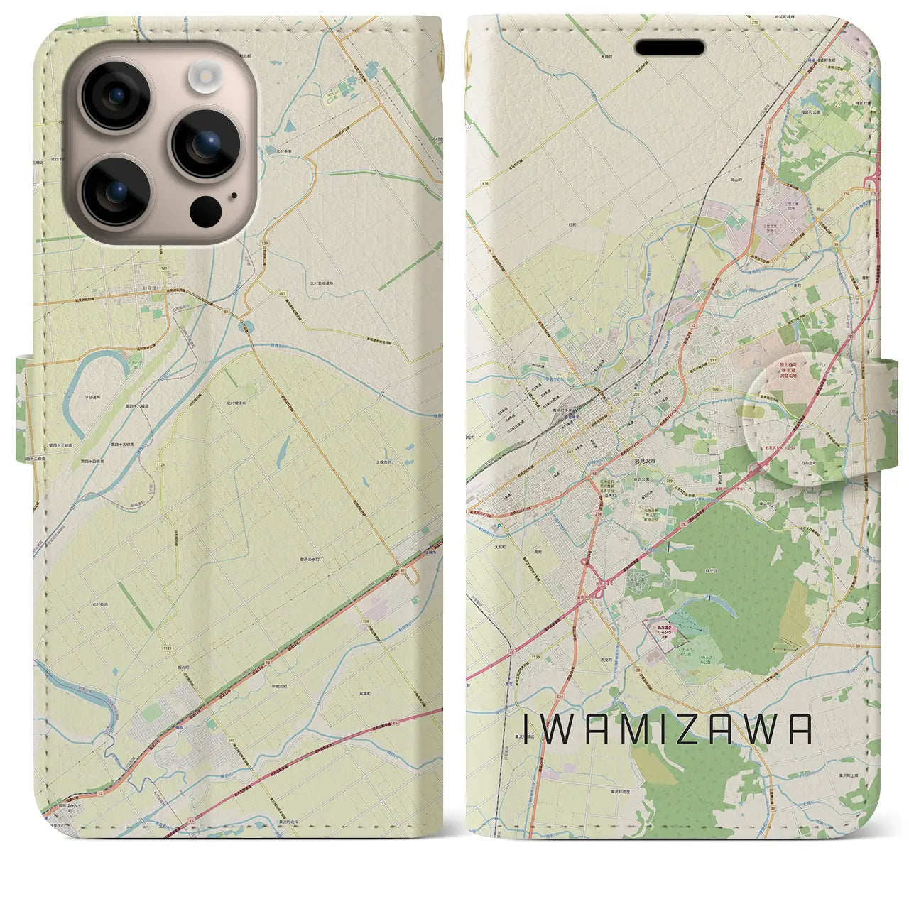 【岩見沢（北海道）】地図柄iPhoneケース（手帳タイプ）ナチュラル・iPhone 16 Plus 用