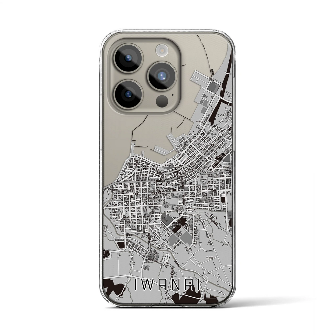 【岩内（北海道）】地図柄iPhoneケース（クリアタイプ）モノトーン・iPhone 15 Pro 用