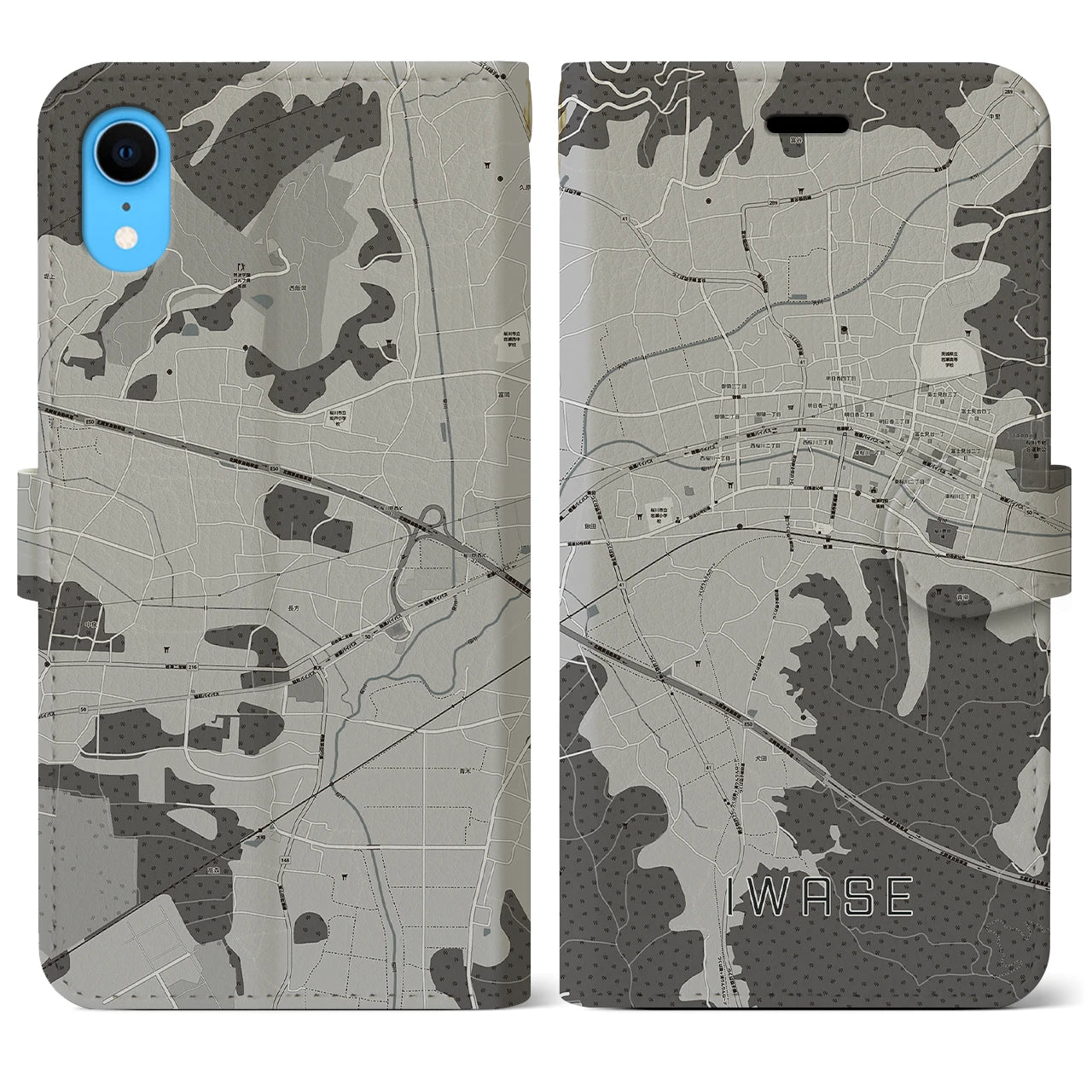 【岩瀬】地図柄iPhoneケース（手帳両面タイプ・モノトーン）iPhone XR 用
