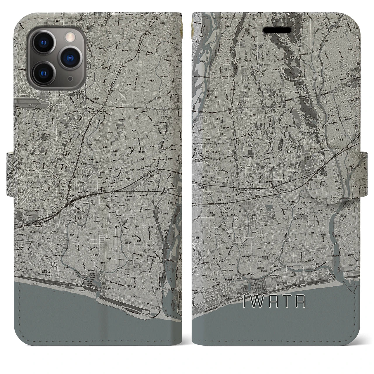 【磐田】地図柄iPhoneケース（手帳両面タイプ・モノトーン）iPhone 11 Pro Max 用