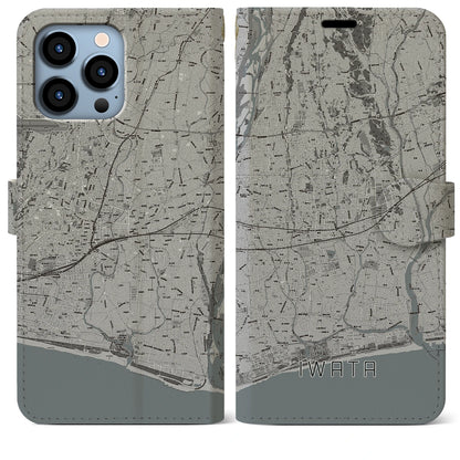 【磐田（静岡県）】地図柄iPhoneケース（手帳タイプ）モノトーン・iPhone 13 Pro Max 用