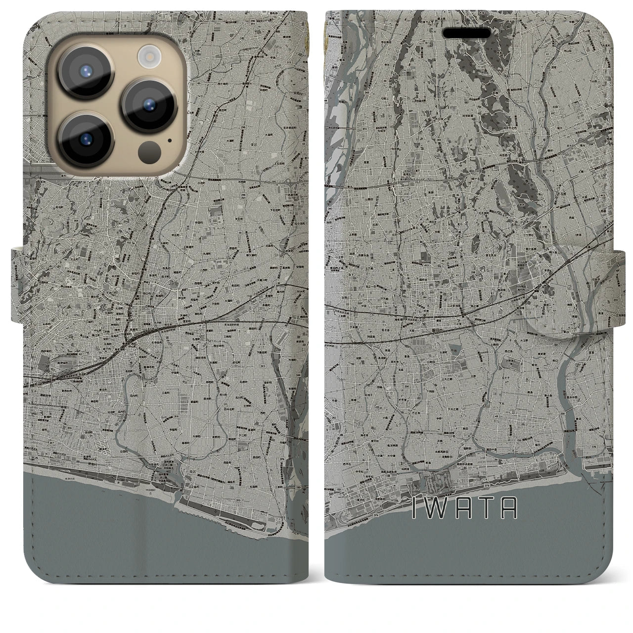 【磐田】地図柄iPhoneケース（手帳両面タイプ・モノトーン）iPhone 14 Pro Max 用