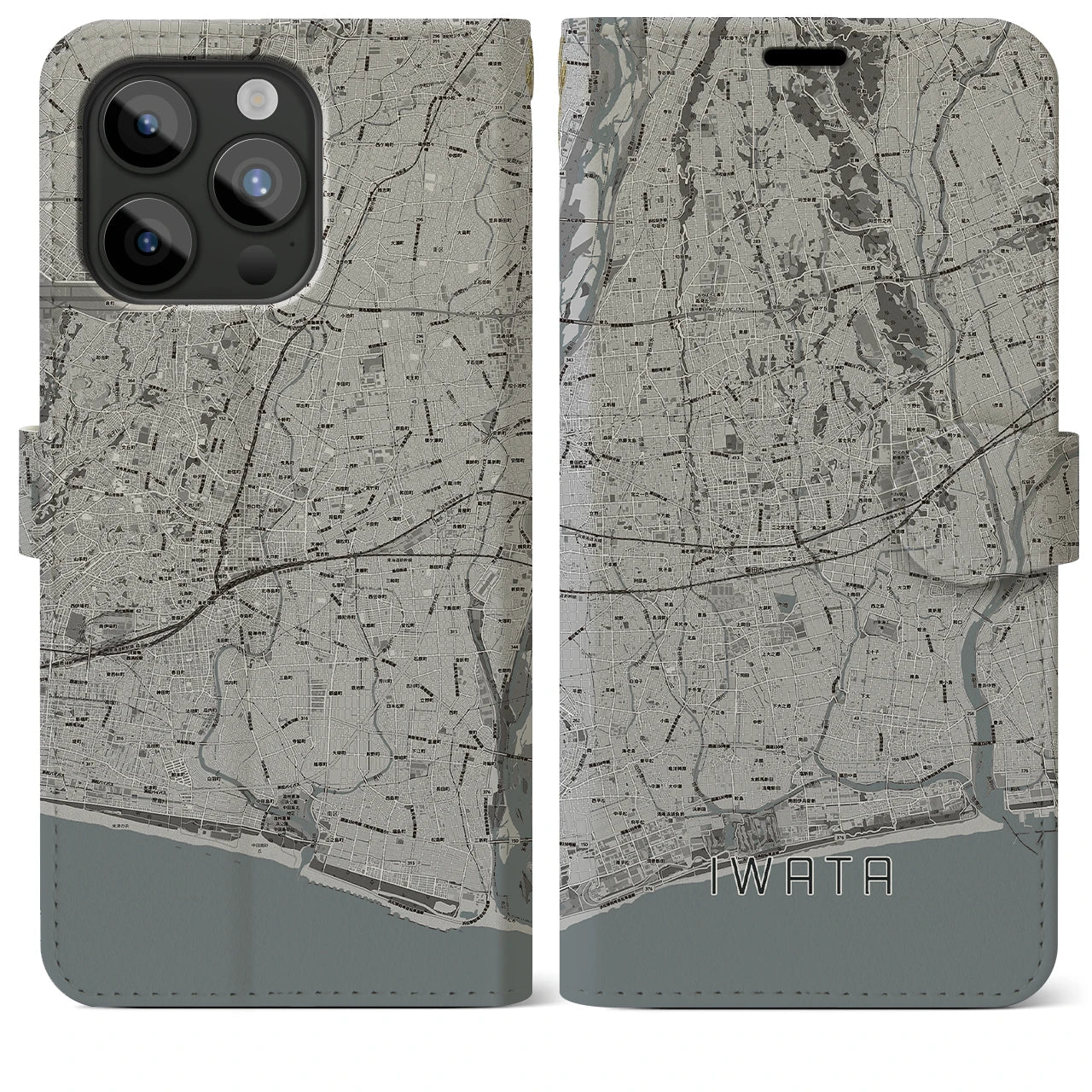 【磐田】地図柄iPhoneケース（手帳両面タイプ・モノトーン）iPhone 15 Pro Max 用