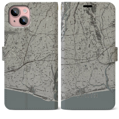 【磐田（静岡県）】地図柄iPhoneケース（手帳タイプ）モノトーン・iPhone 15 Plus 用