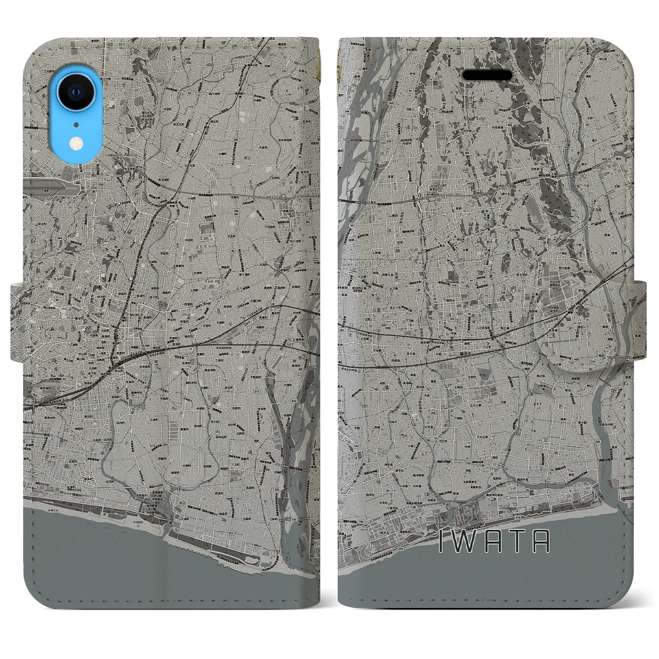 【磐田】地図柄iPhoneケース（手帳両面タイプ・モノトーン）iPhone XR 用