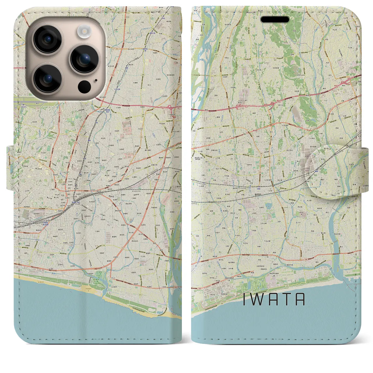 【磐田（静岡県）】地図柄iPhoneケース（手帳タイプ）ナチュラル・iPhone 16 Plus 用