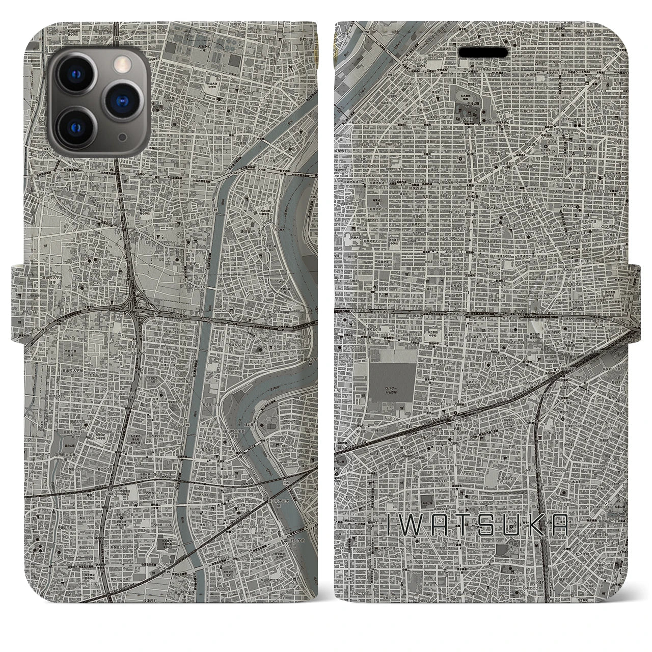 【岩塚】地図柄iPhoneケース（手帳両面タイプ・モノトーン）iPhone 11 Pro Max 用