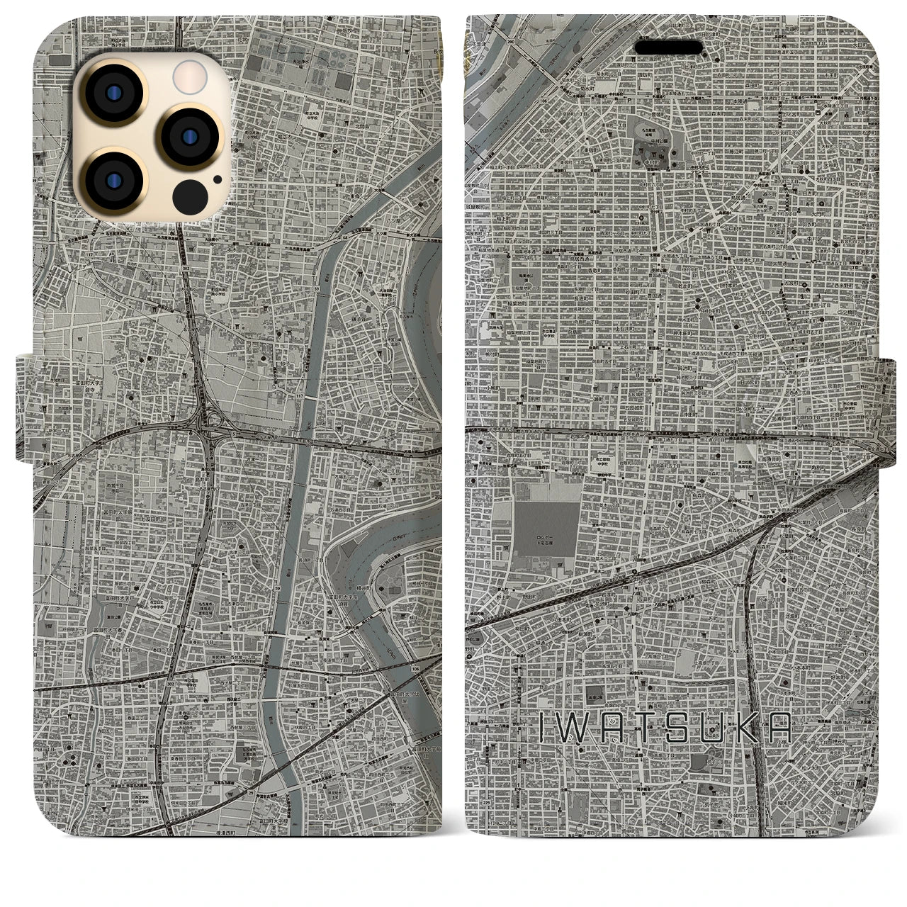 【岩塚】地図柄iPhoneケース（手帳両面タイプ・モノトーン）iPhone 12 Pro Max 用