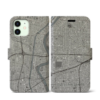 【岩塚（愛知県）】地図柄iPhoneケース（手帳タイプ）モノトーン・iPhone 12 mini 用