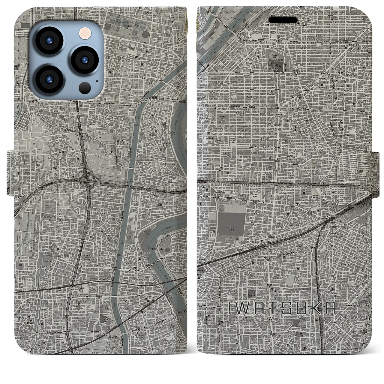 【岩塚】地図柄iPhoneケース（手帳両面タイプ・モノトーン）iPhone 13 Pro Max 用