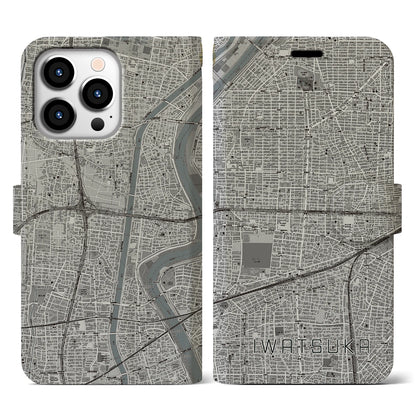 【岩塚（愛知県）】地図柄iPhoneケース（手帳タイプ）モノトーン・iPhone 13 Pro 用