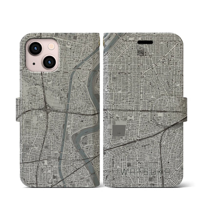 【岩塚（愛知県）】地図柄iPhoneケース（手帳タイプ）モノトーン・iPhone 13 mini 用