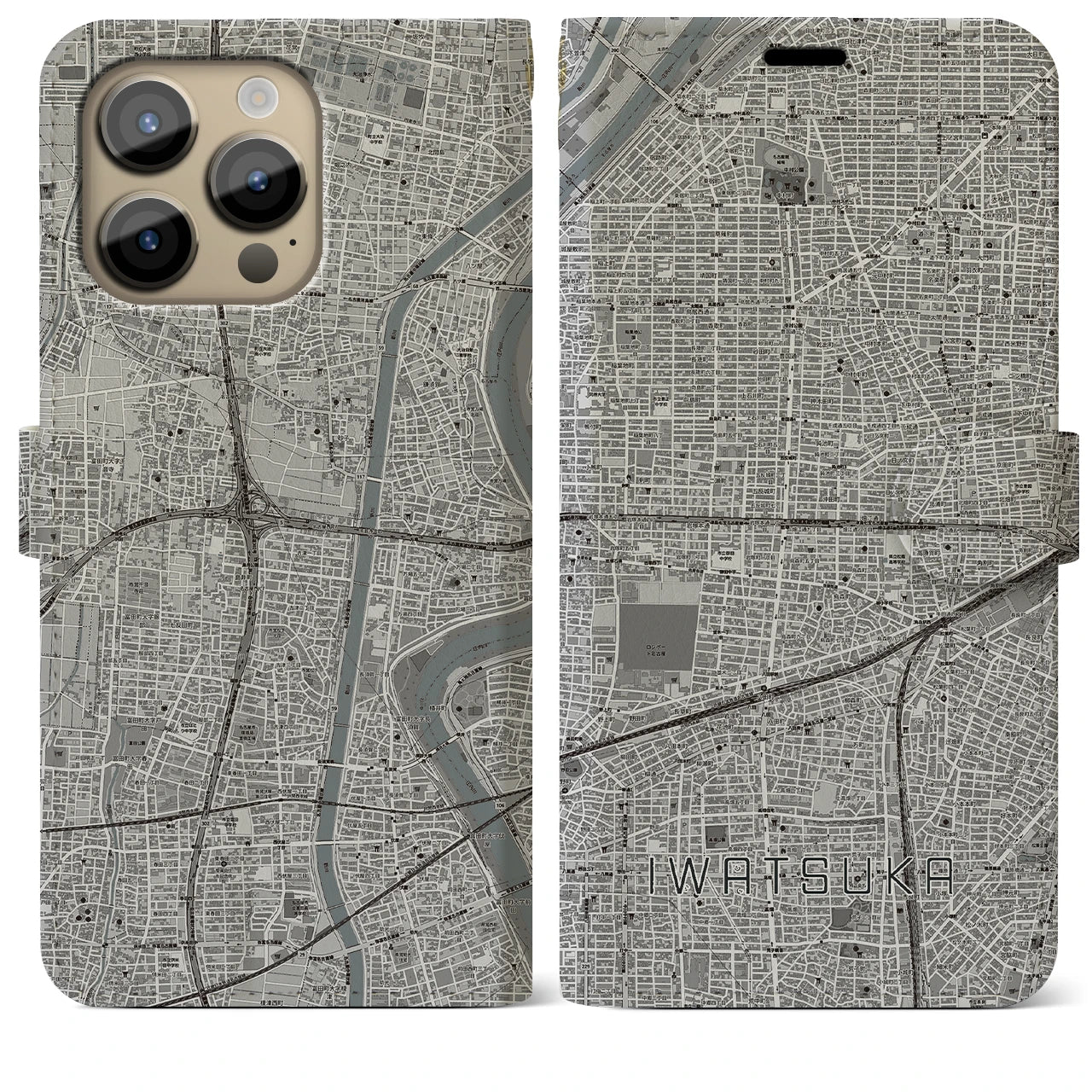 【岩塚】地図柄iPhoneケース（手帳両面タイプ・モノトーン）iPhone 14 Pro Max 用