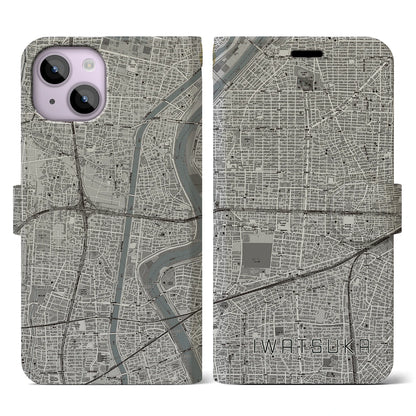 【岩塚（愛知県）】地図柄iPhoneケース（手帳タイプ）モノトーン・iPhone 14 用