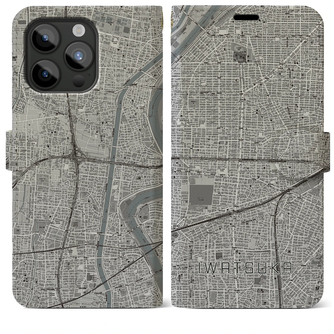 【岩塚】地図柄iPhoneケース（手帳両面タイプ・モノトーン）iPhone 15 Pro Max 用