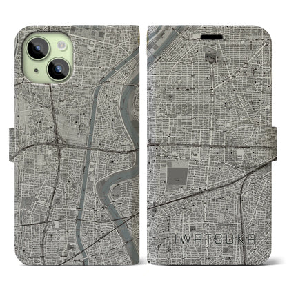 【岩塚（愛知県）】地図柄iPhoneケース（手帳タイプ）モノトーン・iPhone 15 用