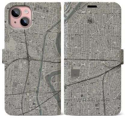 【岩塚（愛知県）】地図柄iPhoneケース（手帳タイプ）モノトーン・iPhone 15 Plus 用