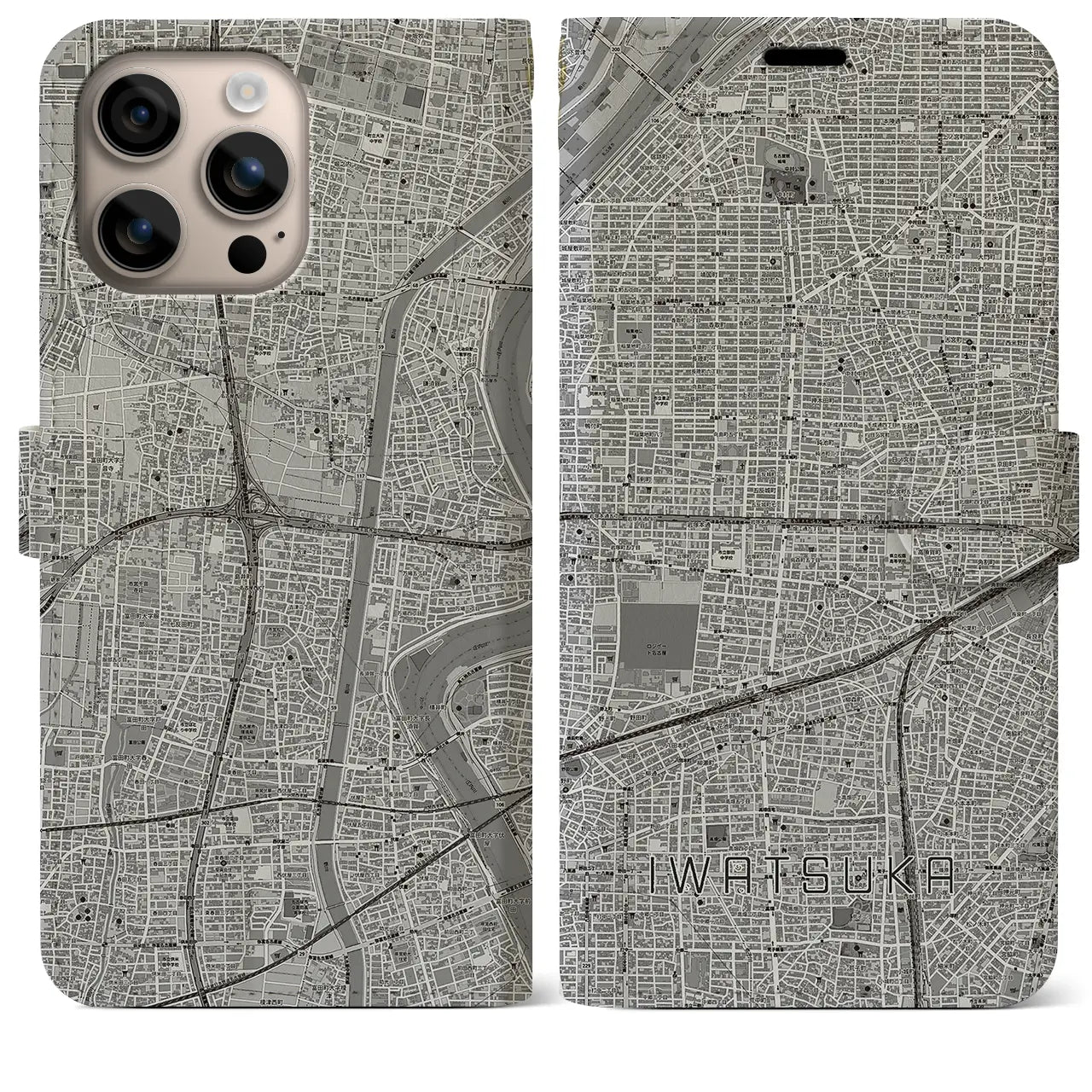 【岩塚（愛知県）】地図柄iPhoneケース（手帳タイプ）モノトーン・iPhone 16 Plus 用