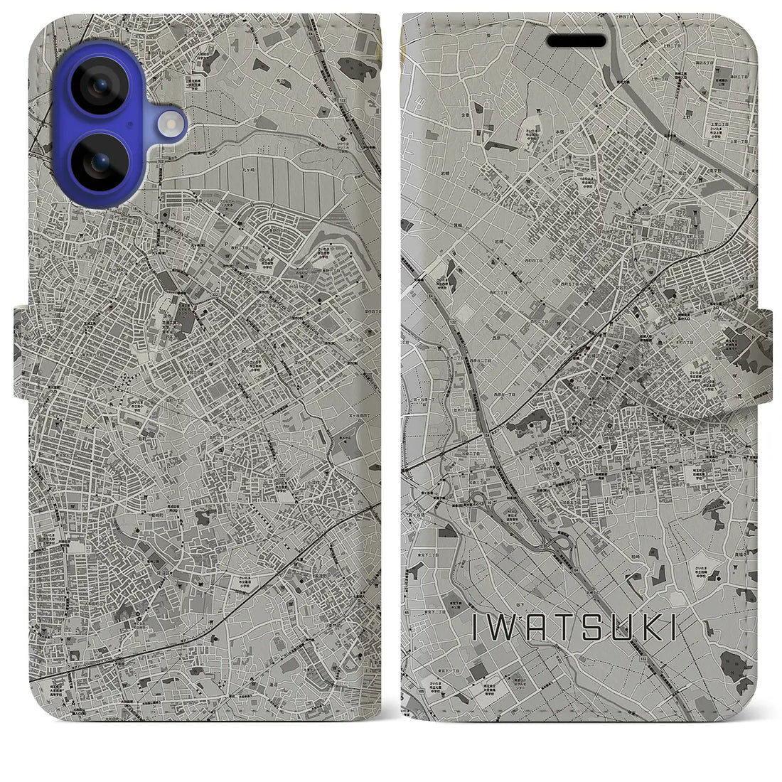【岩槻(埼玉県)】地図柄iPhoneケース(手帳タイプ)モノトーン・iPhone 16 Pro Max 用