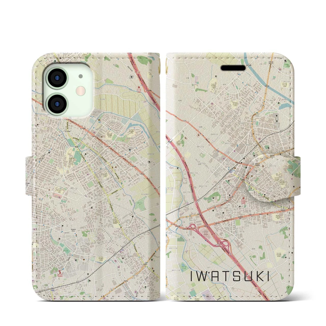 【岩槻（埼玉県）】地図柄iPhoneケース（手帳タイプ）ナチュラル・iPhone 12 mini 用