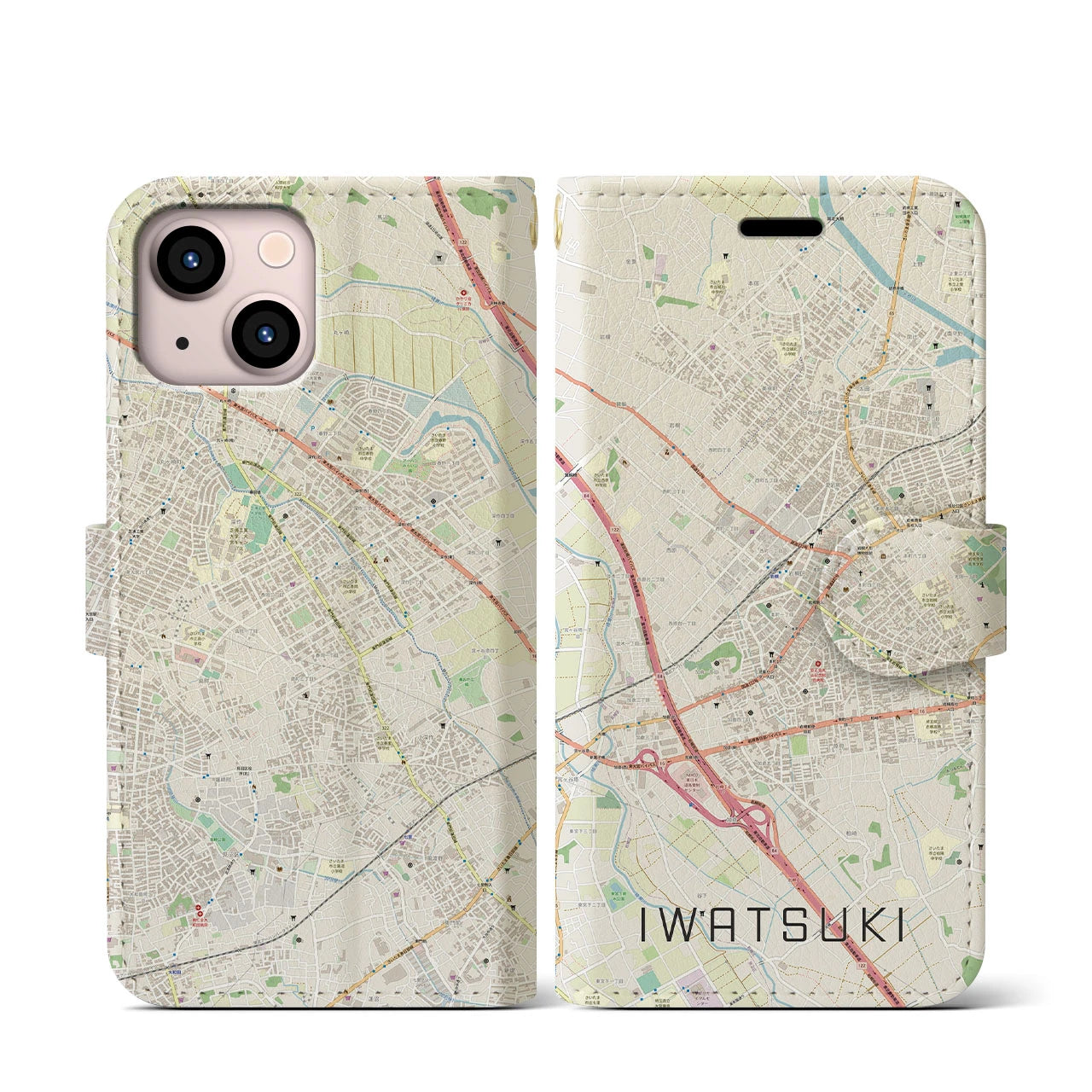 【岩槻（埼玉県）】地図柄iPhoneケース（手帳タイプ）ナチュラル・iPhone 13 mini 用