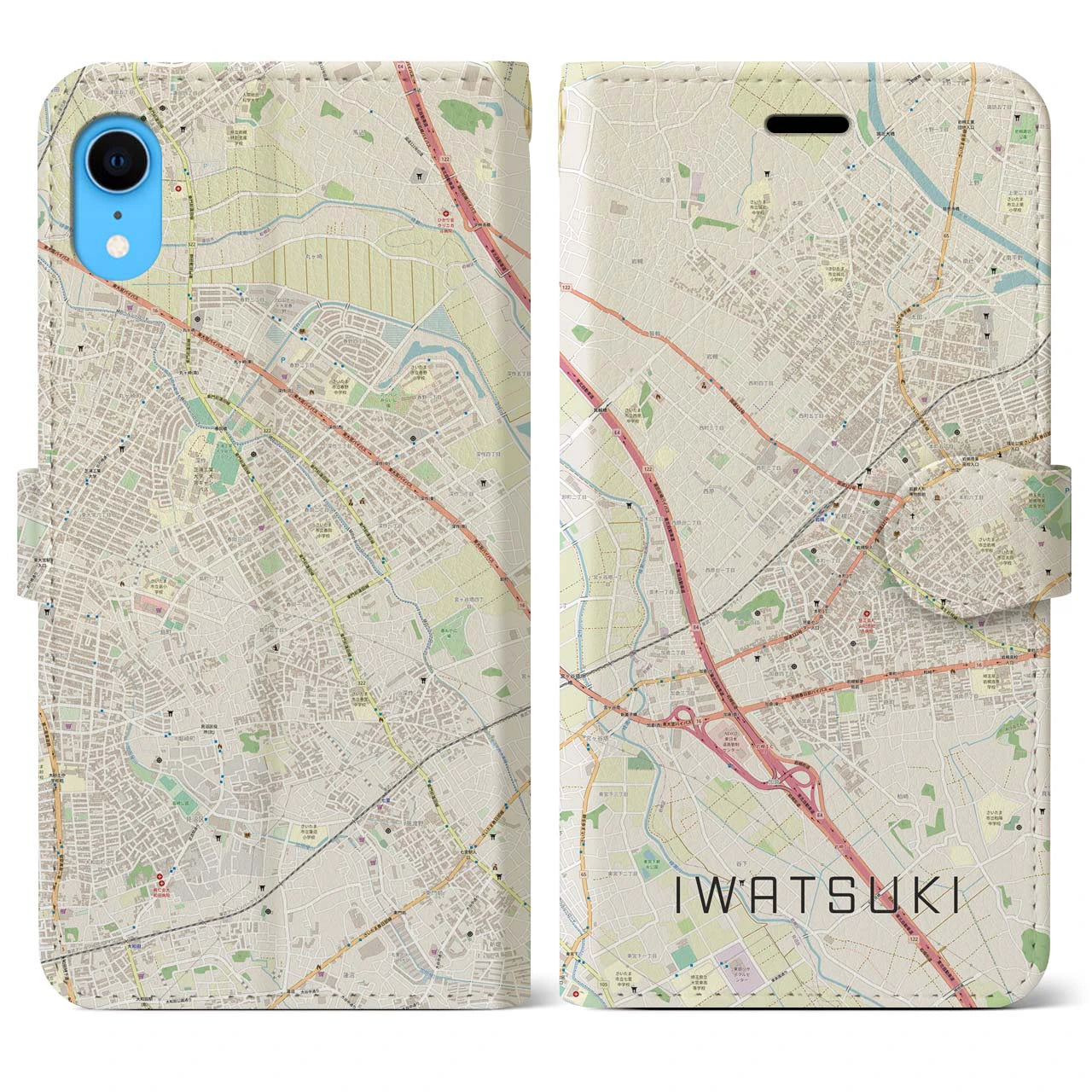 【岩槻（埼玉県）】地図柄iPhoneケース（手帳タイプ）ナチュラル・iPhone XR 用