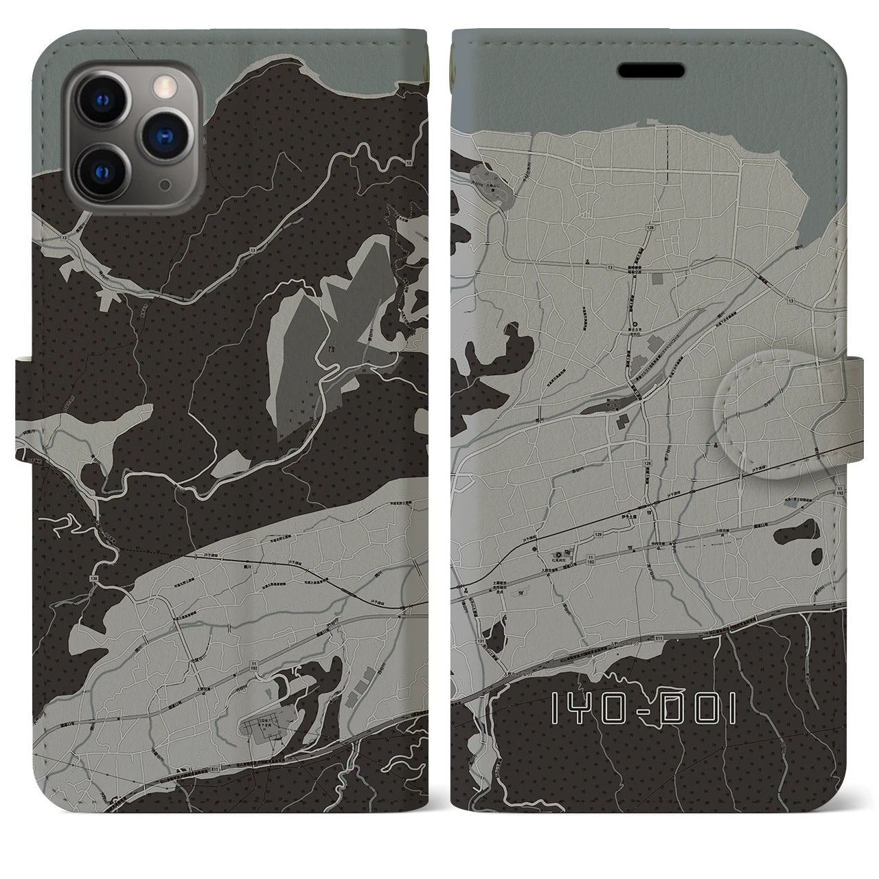 【伊予土居】地図柄iPhoneケース（手帳両面タイプ・モノトーン）iPhone 11 Pro Max 用